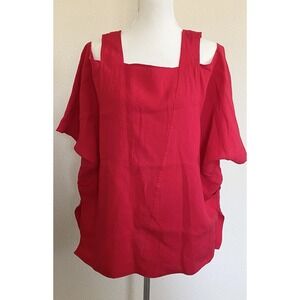 Fridaze Women's L Linen Top Red Bat Wing Boxy Cut Out Shoulder Pockets Lagenlook